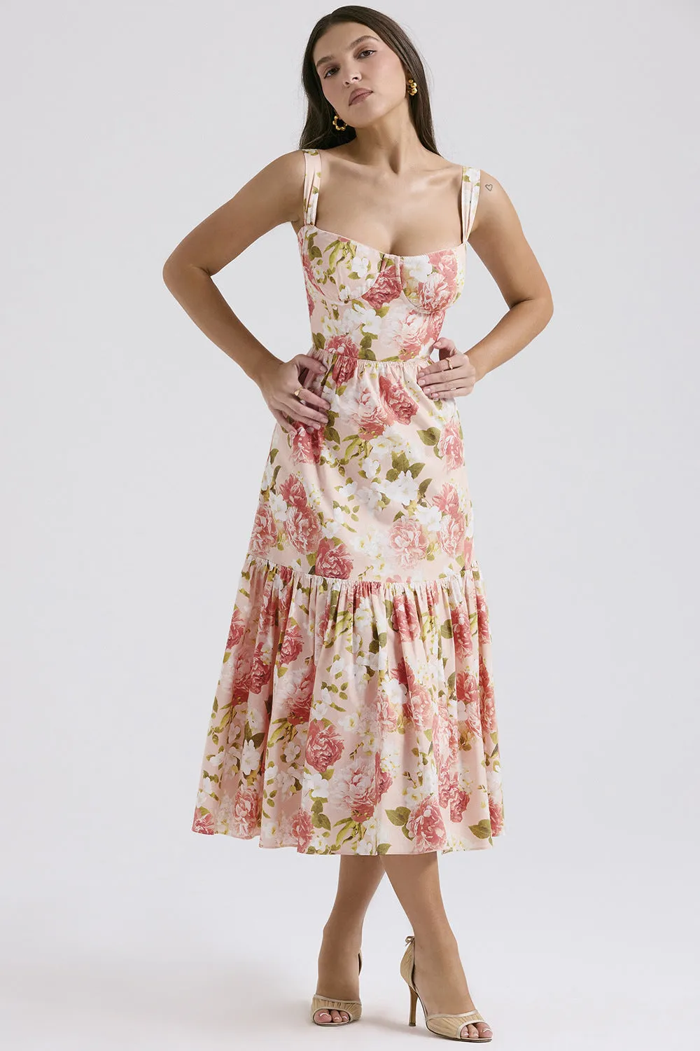 Strap Pocket Elegant Pastoral Floral Tiered Maxi Dress