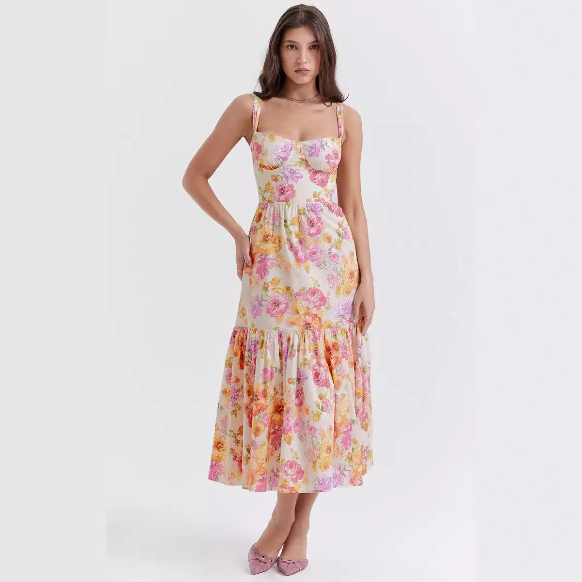 Strap Pocket Elegant Pastoral Floral Tiered Maxi Dress