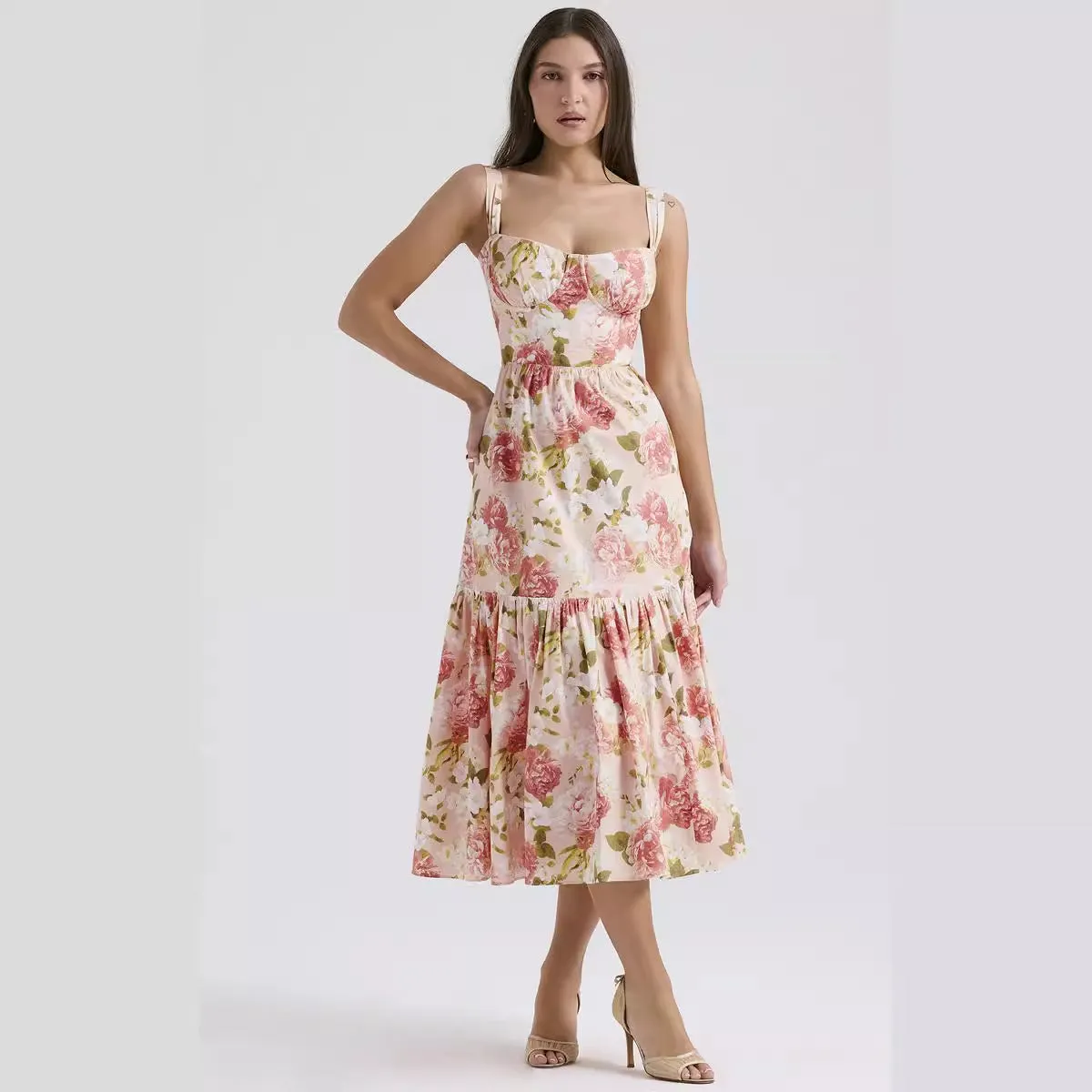 Strap Pocket Elegant Pastoral Floral Tiered Maxi Dress