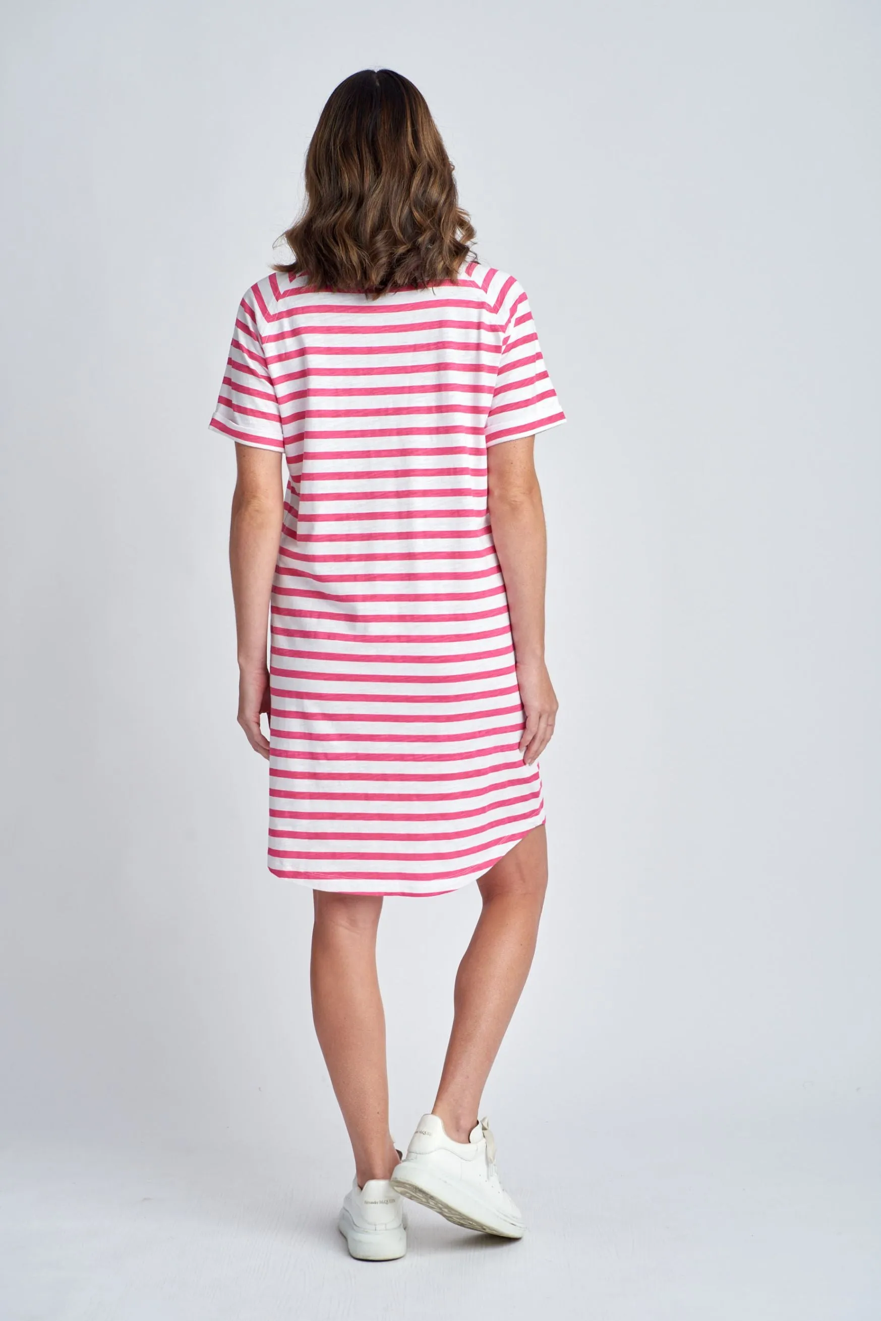 Stripe Raglan Sleeve Cotton Dress White/Raspberry