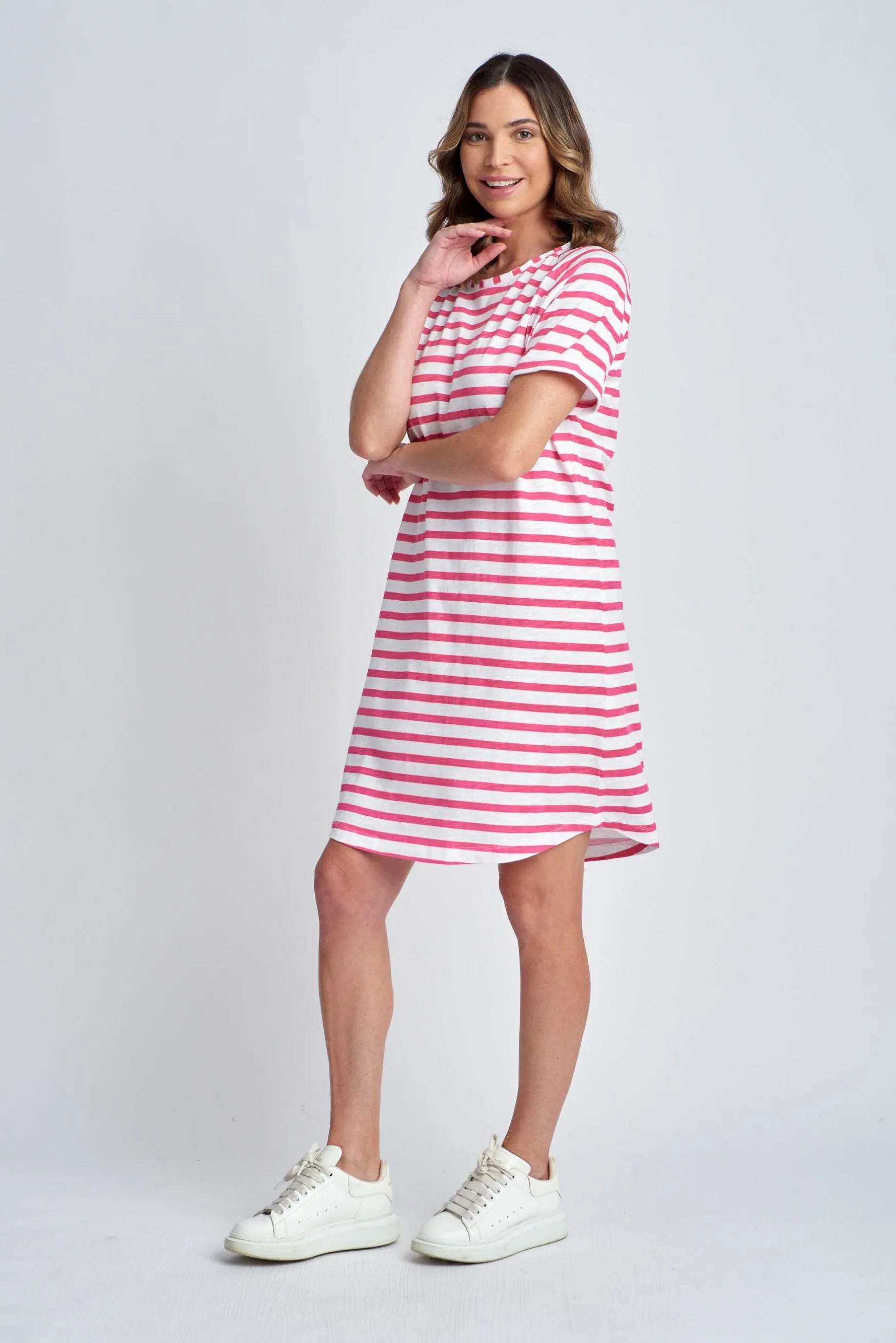 Stripe Raglan Sleeve Cotton Dress White/Raspberry