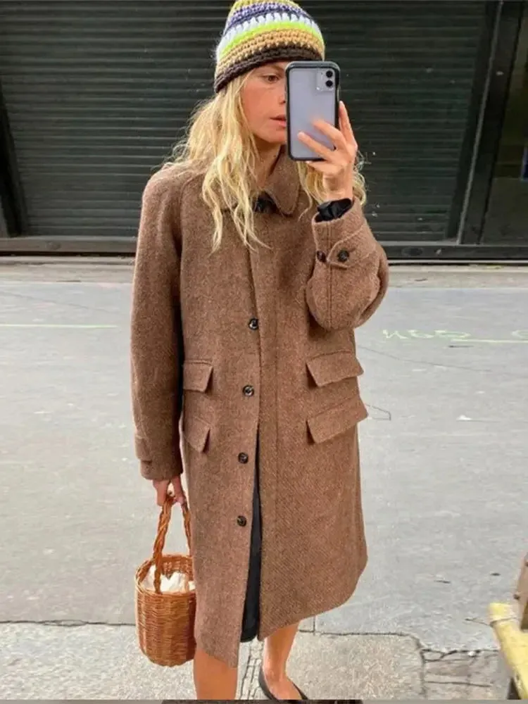 TAVIMART  -  Brown Single Breasted Woolen Overcoat For Women Elegant Lapel Pockets Long Sleeve Jacket 2024 Autumn Casual Lady Commuting Coats