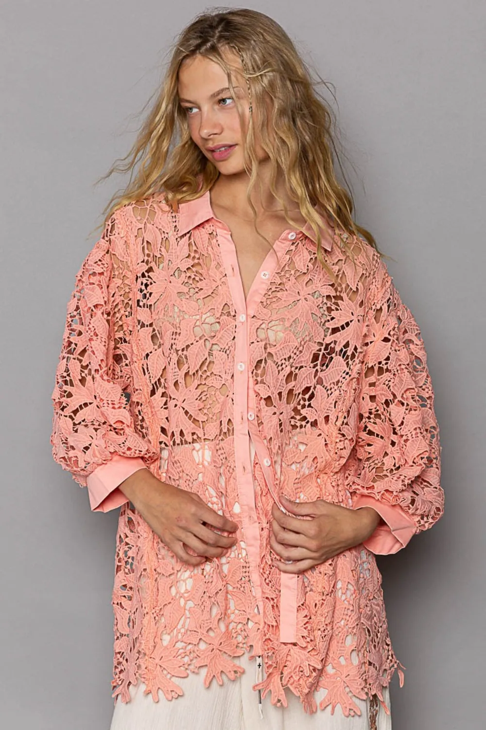 TEEK - Peach Coral Button Up Stencil Lace Shirt