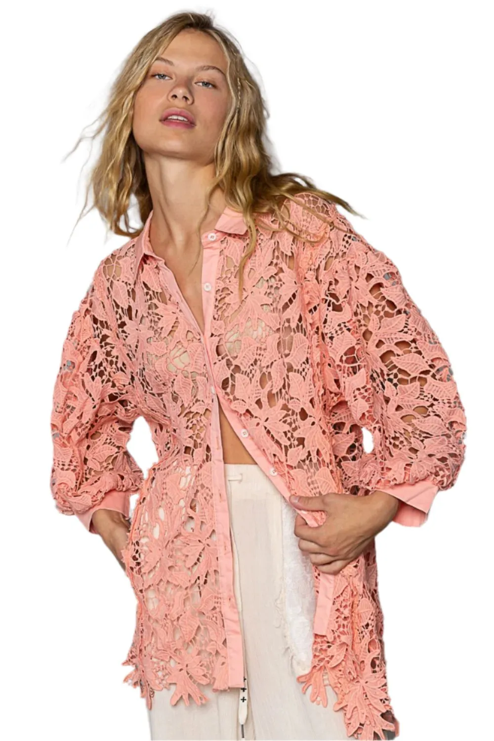 TEEK - Peach Coral Button Up Stencil Lace Shirt