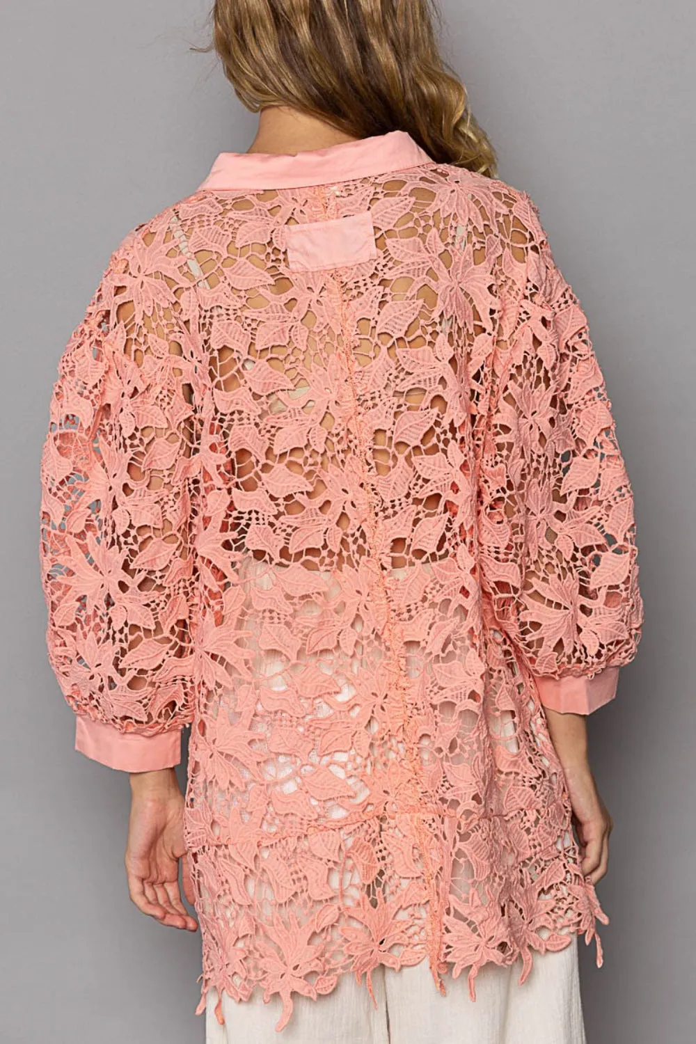 TEEK - Peach Coral Button Up Stencil Lace Shirt