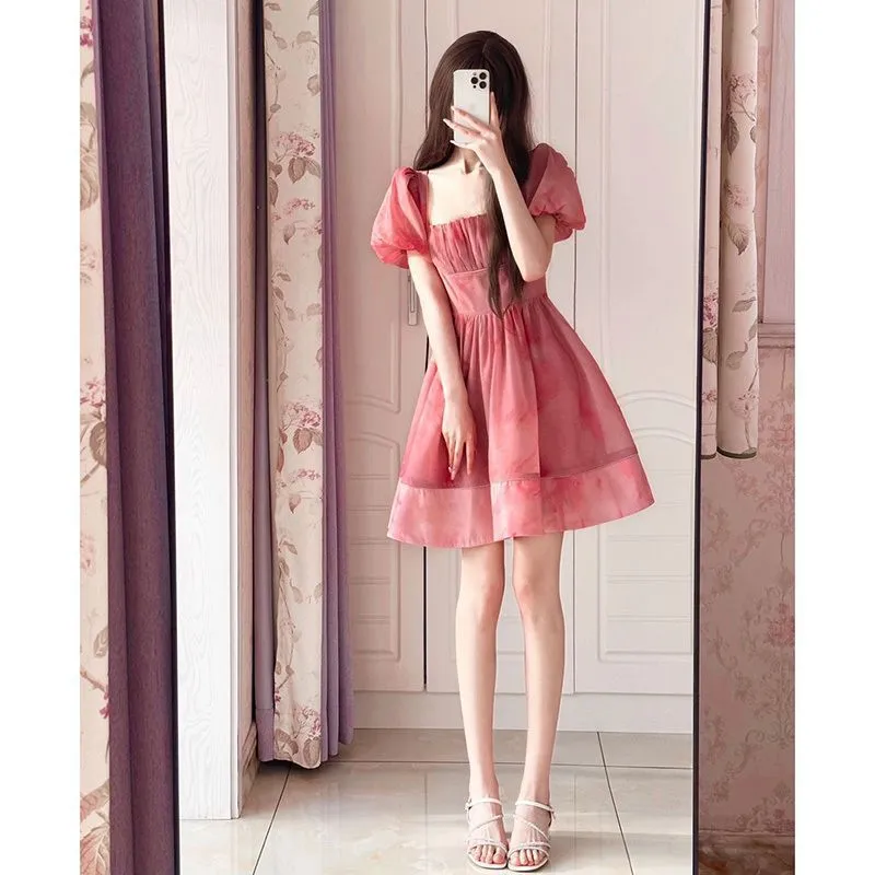 Territory cherry blossom dress to impress Pink Square Collar Puff Sleeve Waist-Tight Dress Women's Summer New Small Slimming Tea Break Princess Temperament Skirt