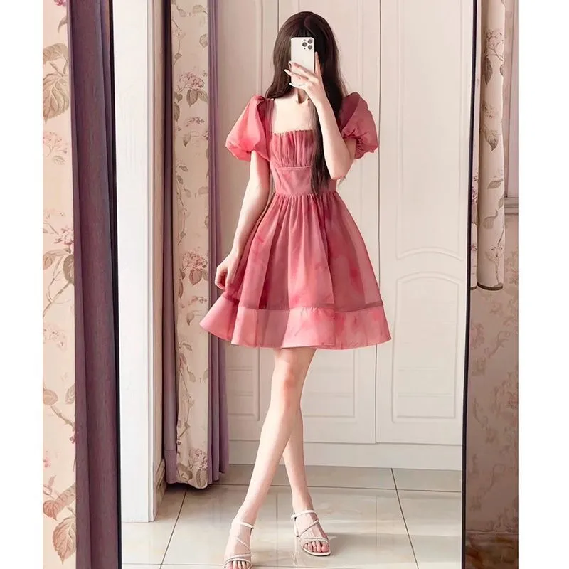 Territory cherry blossom dress to impress Pink Square Collar Puff Sleeve Waist-Tight Dress Women's Summer New Small Slimming Tea Break Princess Temperament Skirt