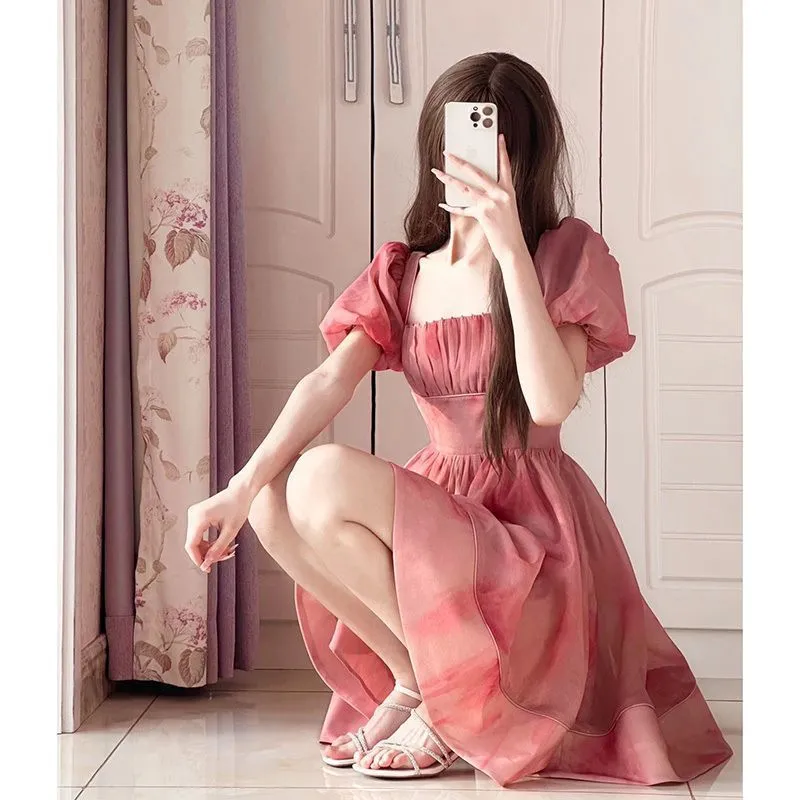 Territory cherry blossom dress to impress Pink Square Collar Puff Sleeve Waist-Tight Dress Women's Summer New Small Slimming Tea Break Princess Temperament Skirt