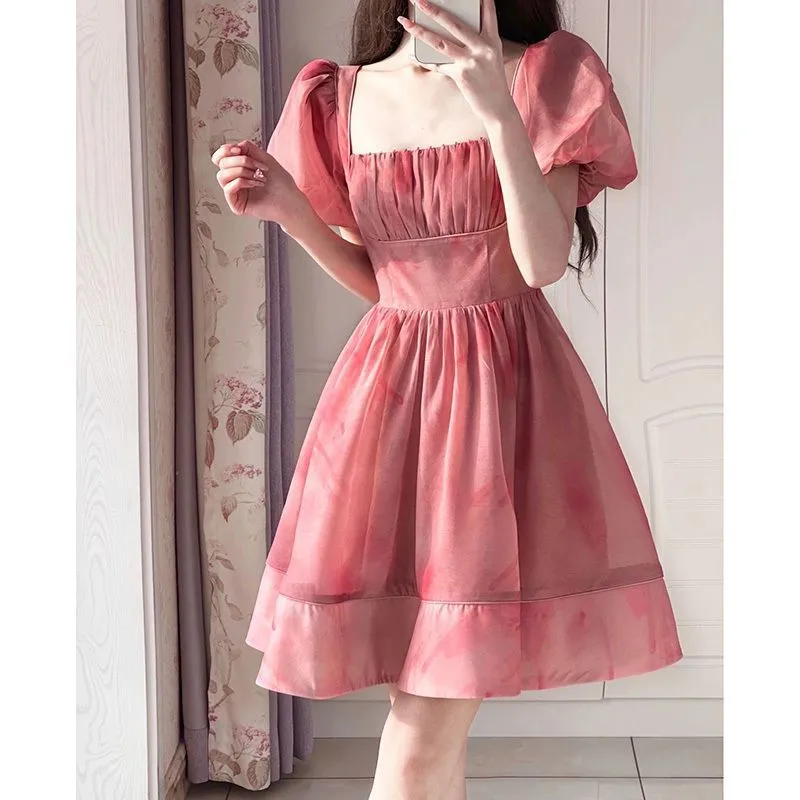 Territory cherry blossom dress to impress Pink Square Collar Puff Sleeve Waist-Tight Dress Women's Summer New Small Slimming Tea Break Princess Temperament Skirt