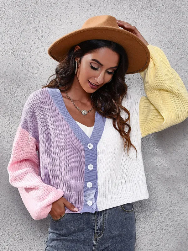 Toleet-Winter outfits Women's contrast color knitted cardigan Color Matching short sweater