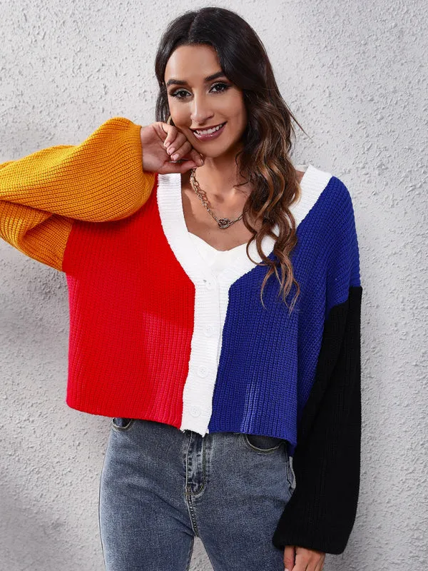 Toleet-Winter outfits Women's contrast color knitted cardigan Color Matching short sweater