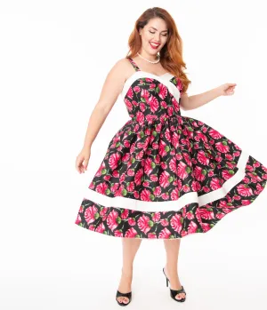 Unique Vintage Plus Size Black & Pink Floral Print Darienne Swing Dress