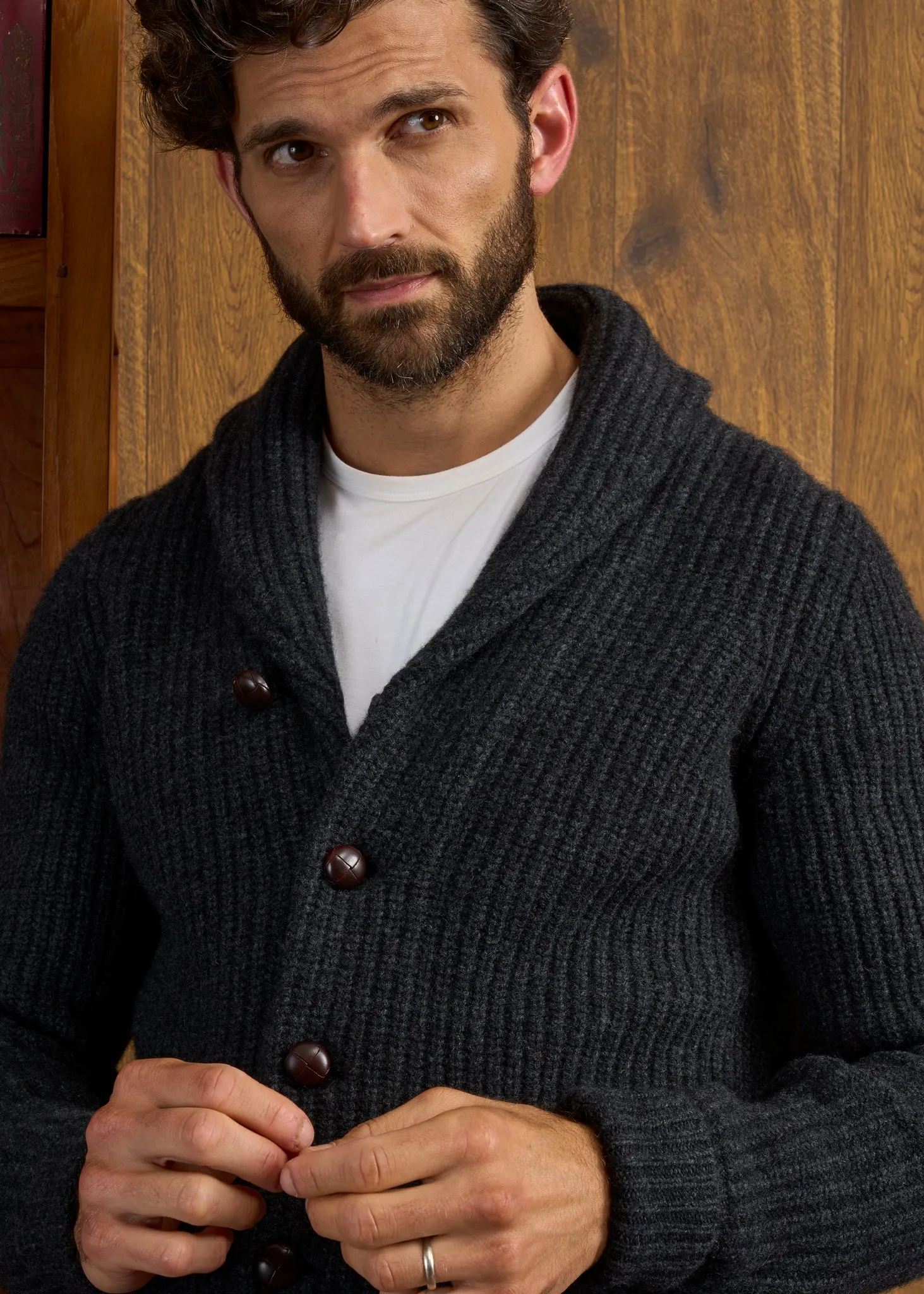 Usworth Men's Shawl Collar Lambswool Jumper In Charcoal - Regular Fit