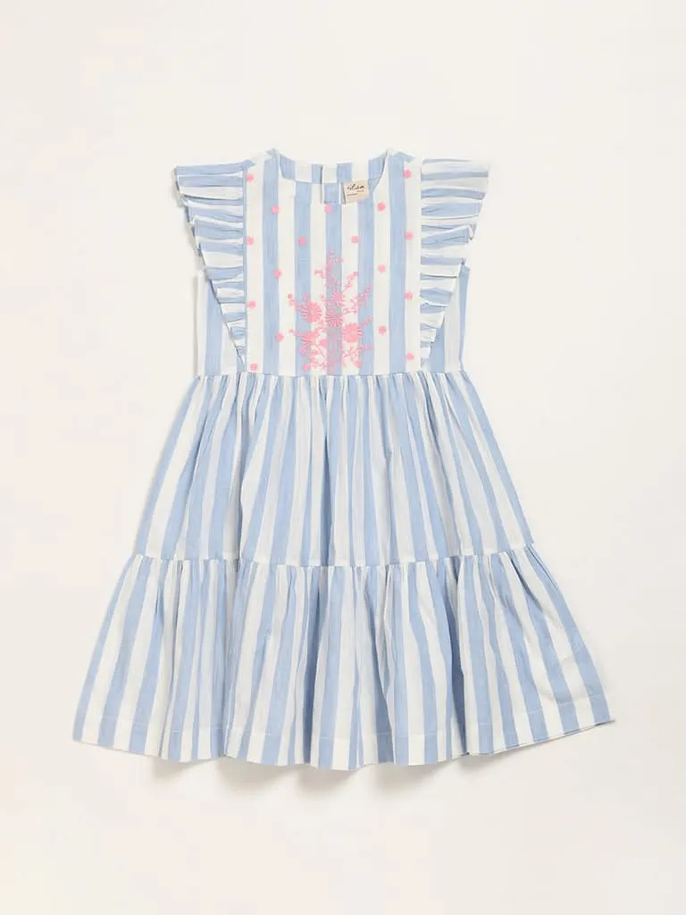 Utsa Kids Blue Striped Gathered A-Line Dress (8 -14yrs)