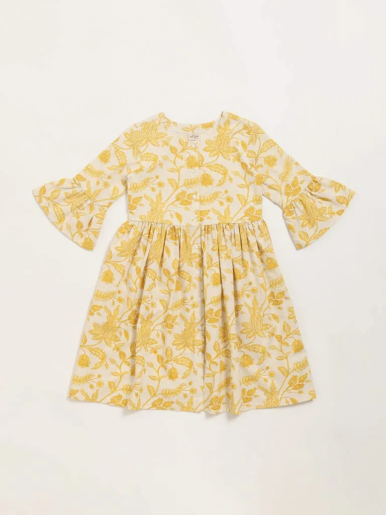 Utsa Kids Mustard Floral Print Button-Down Dress (8 -14yrs)