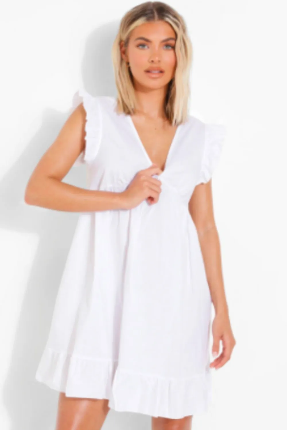 V Neck Plain White Dress