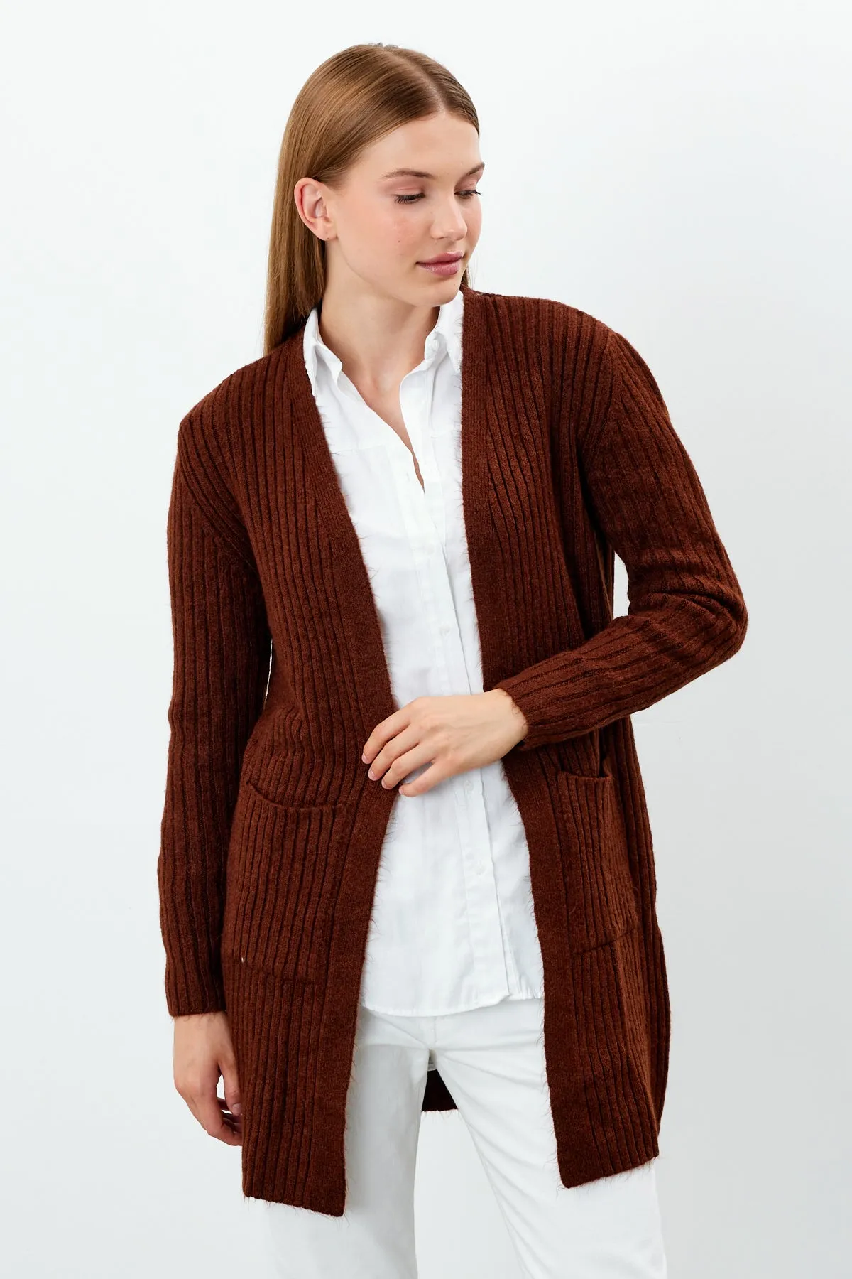 Vav Striped Knitted Winter Cardigan Brick Color