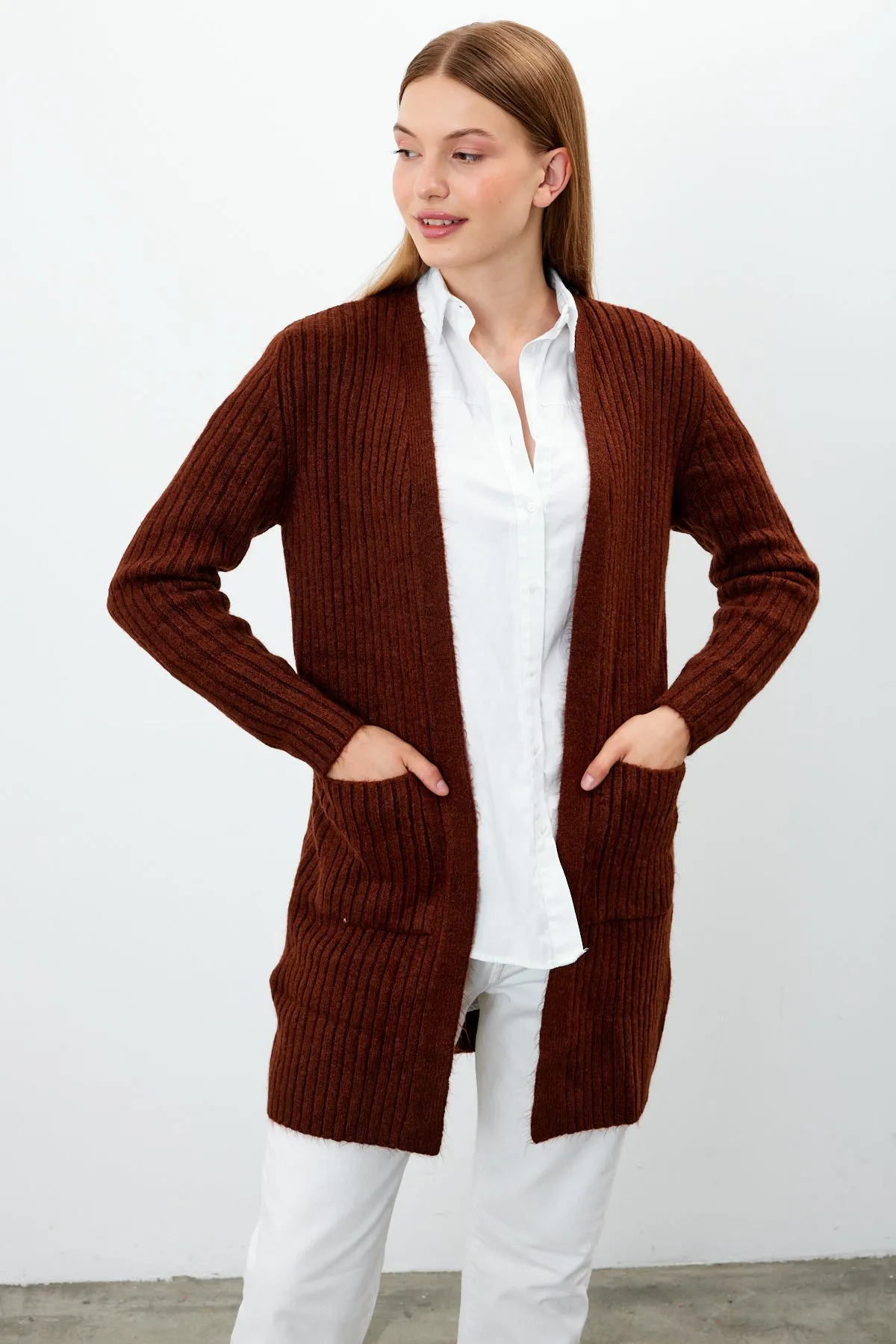 Vav Striped Knitted Winter Cardigan Brick Color