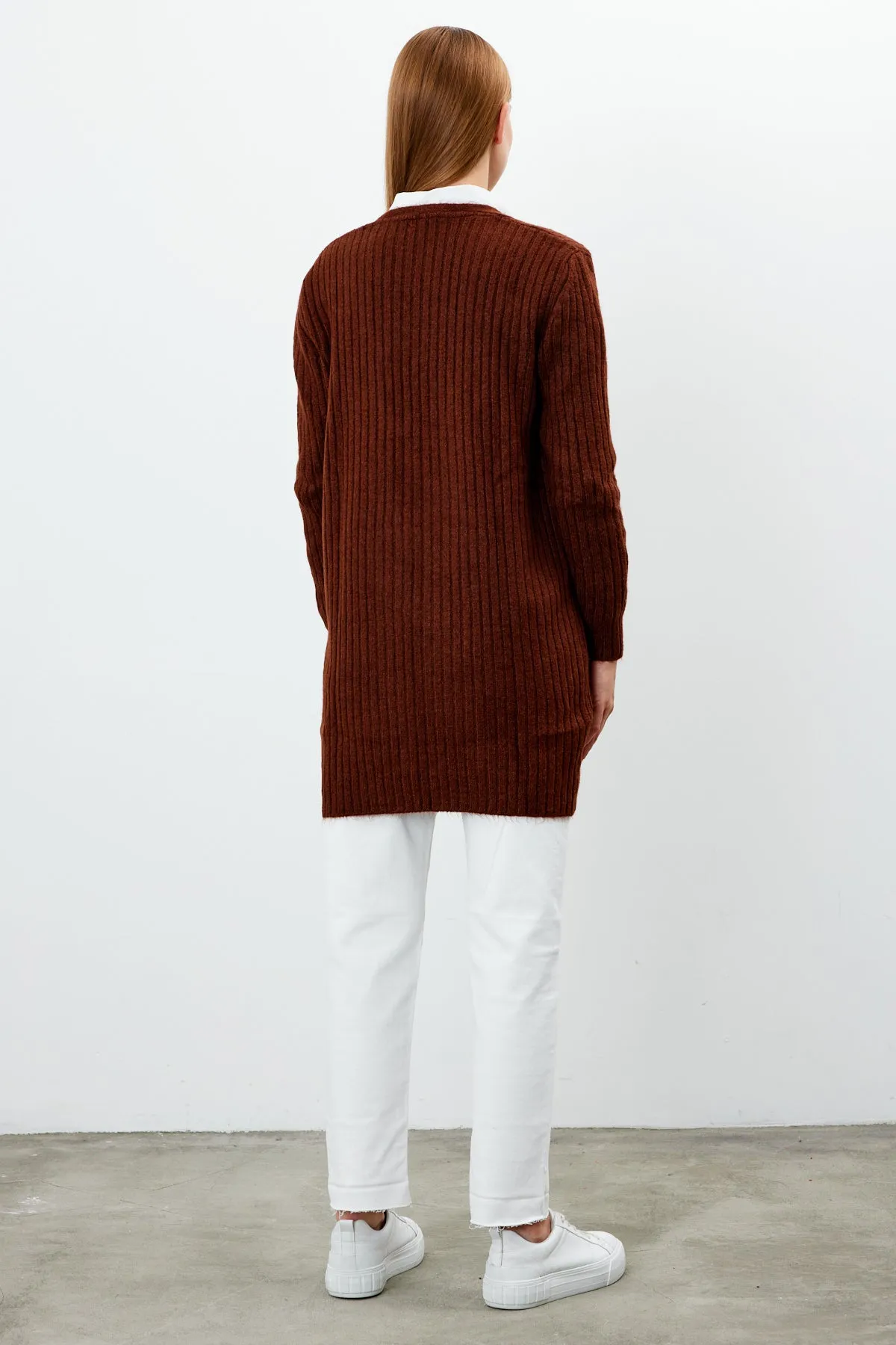 Vav Striped Knitted Winter Cardigan Brick Color