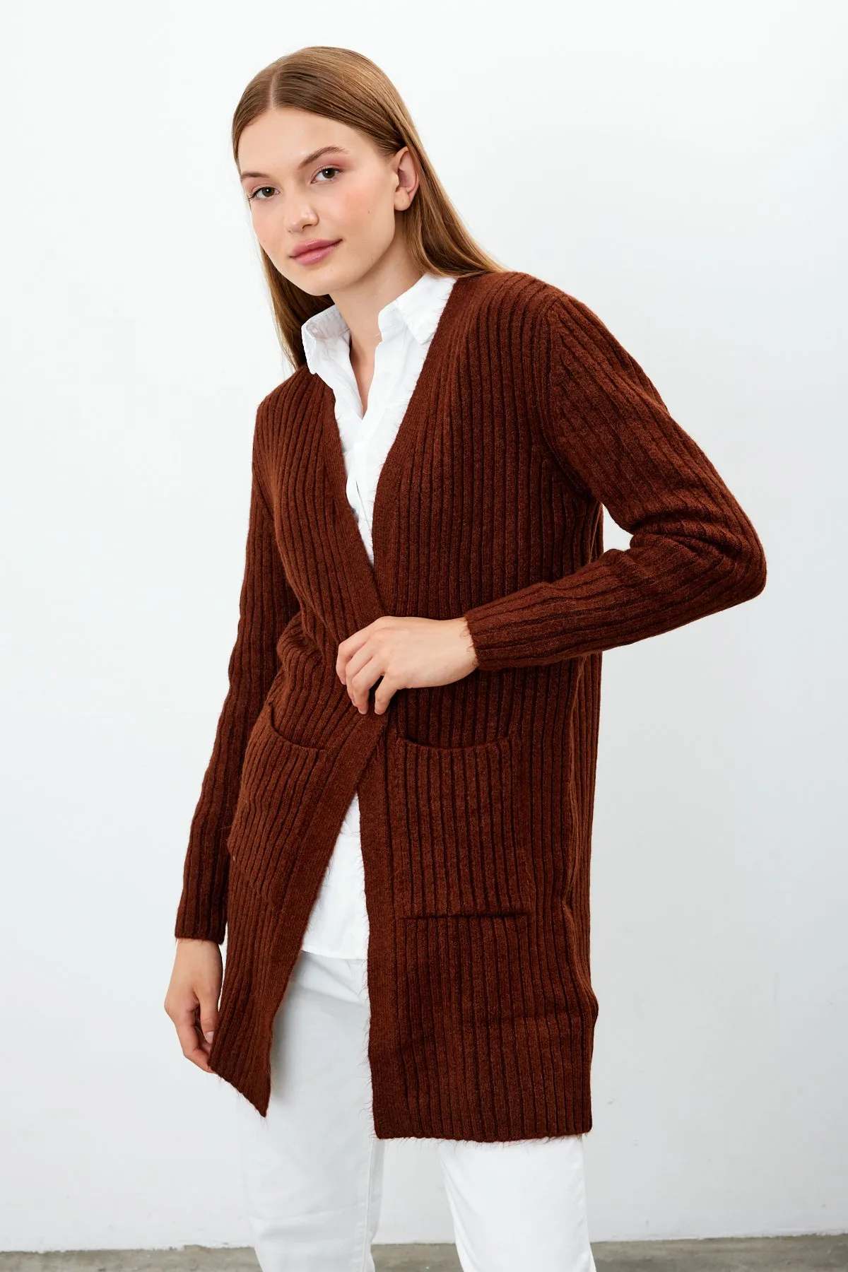 Vav Striped Knitted Winter Cardigan Brick Color