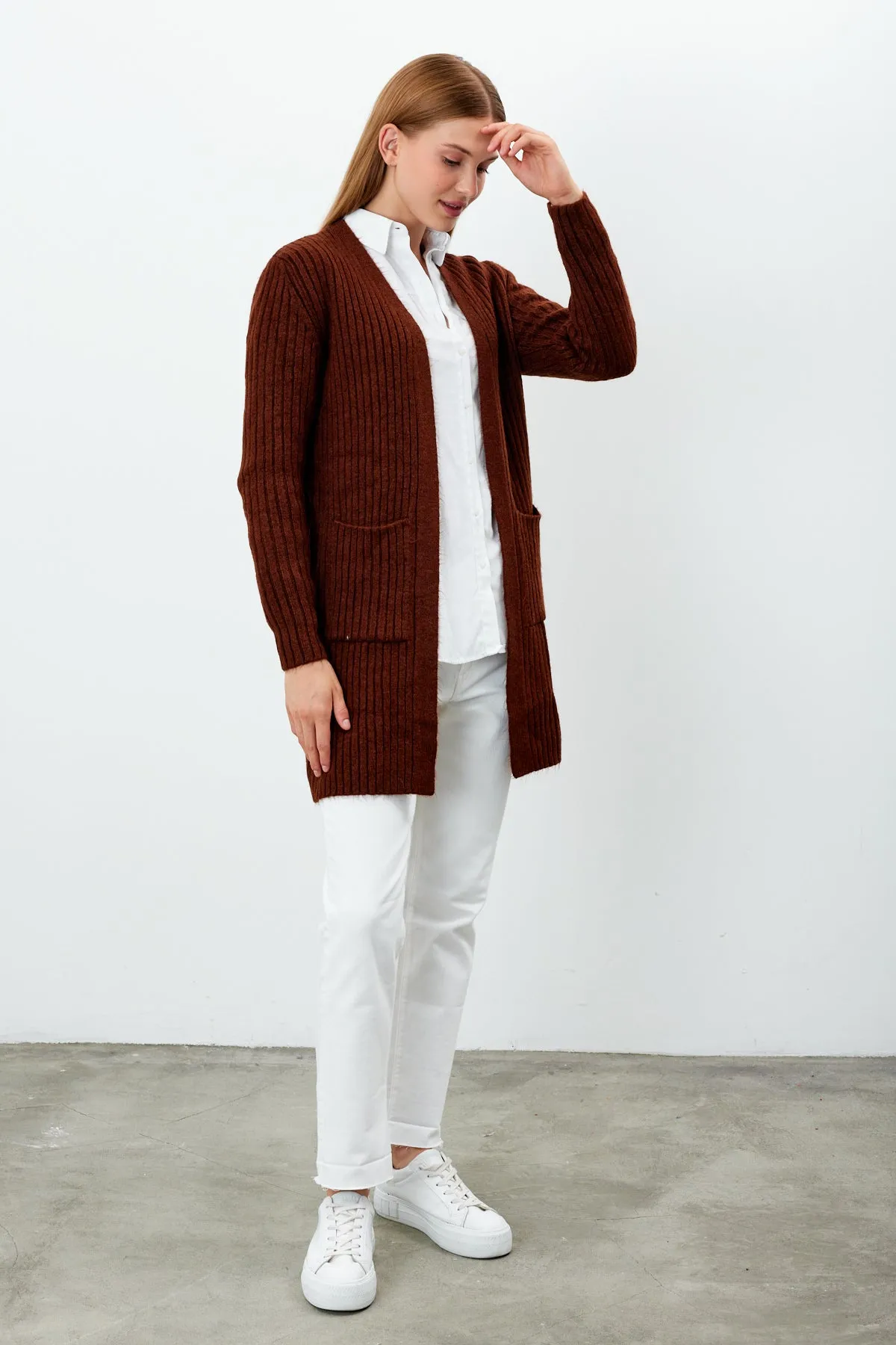 Vav Striped Knitted Winter Cardigan Brick Color