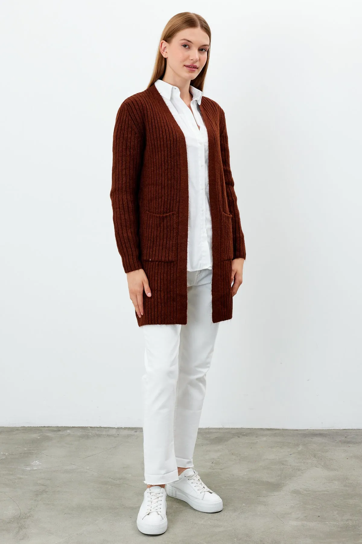 Vav Striped Knitted Winter Cardigan Brick Color