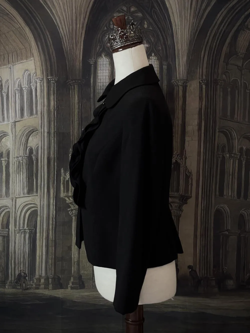 Victorian Inspired Tailored Ruffle Jabot Jacket in Gothic Black - Size S/M