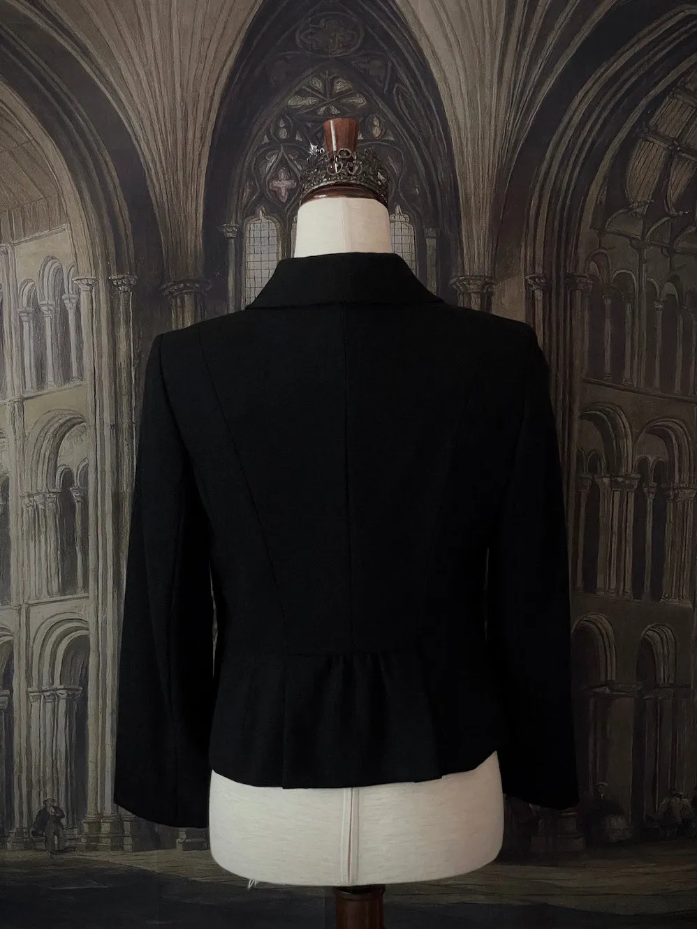 Victorian Inspired Tailored Ruffle Jabot Jacket in Gothic Black - Size S/M