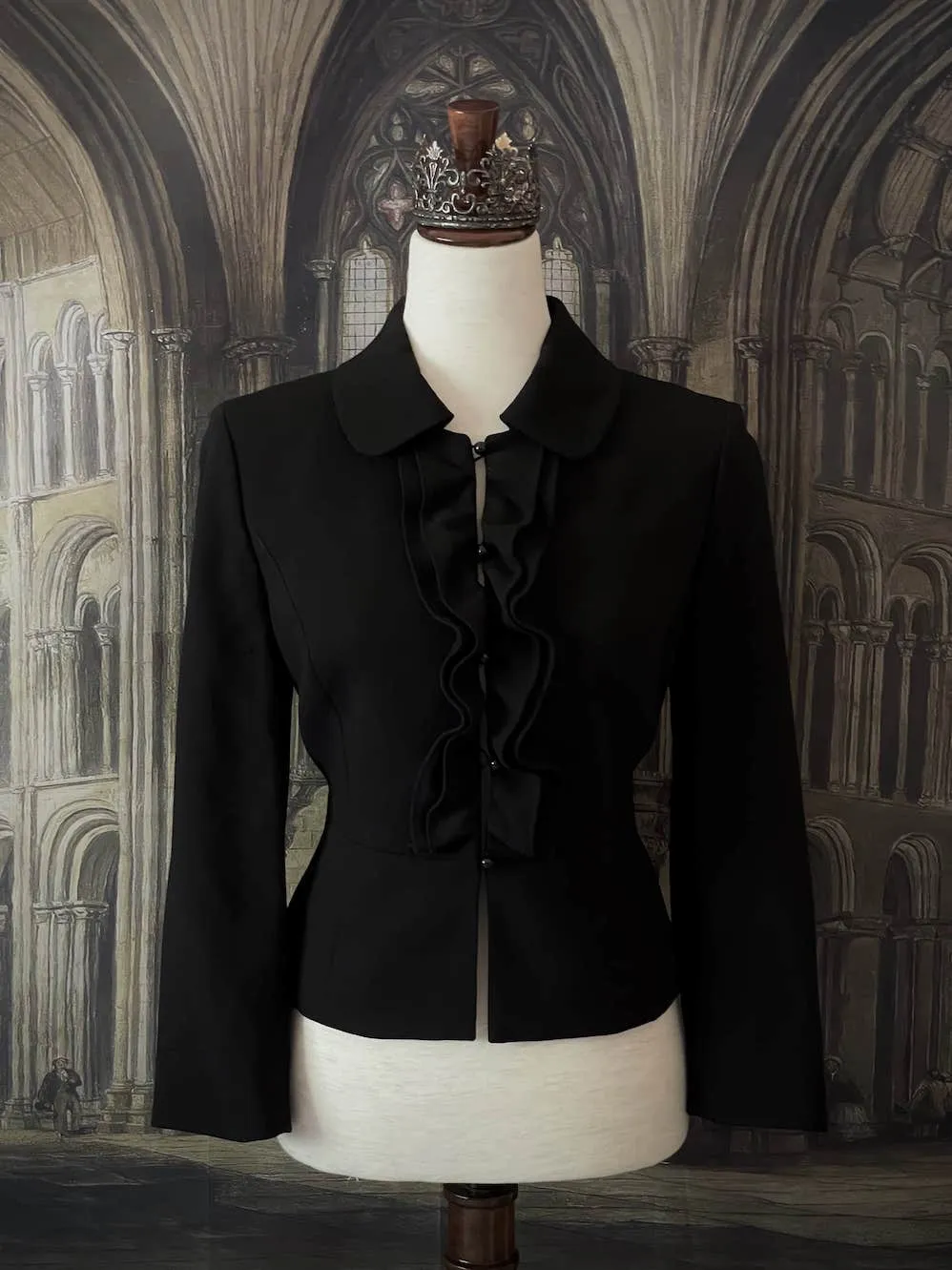 Victorian Inspired Tailored Ruffle Jabot Jacket in Gothic Black - Size S/M