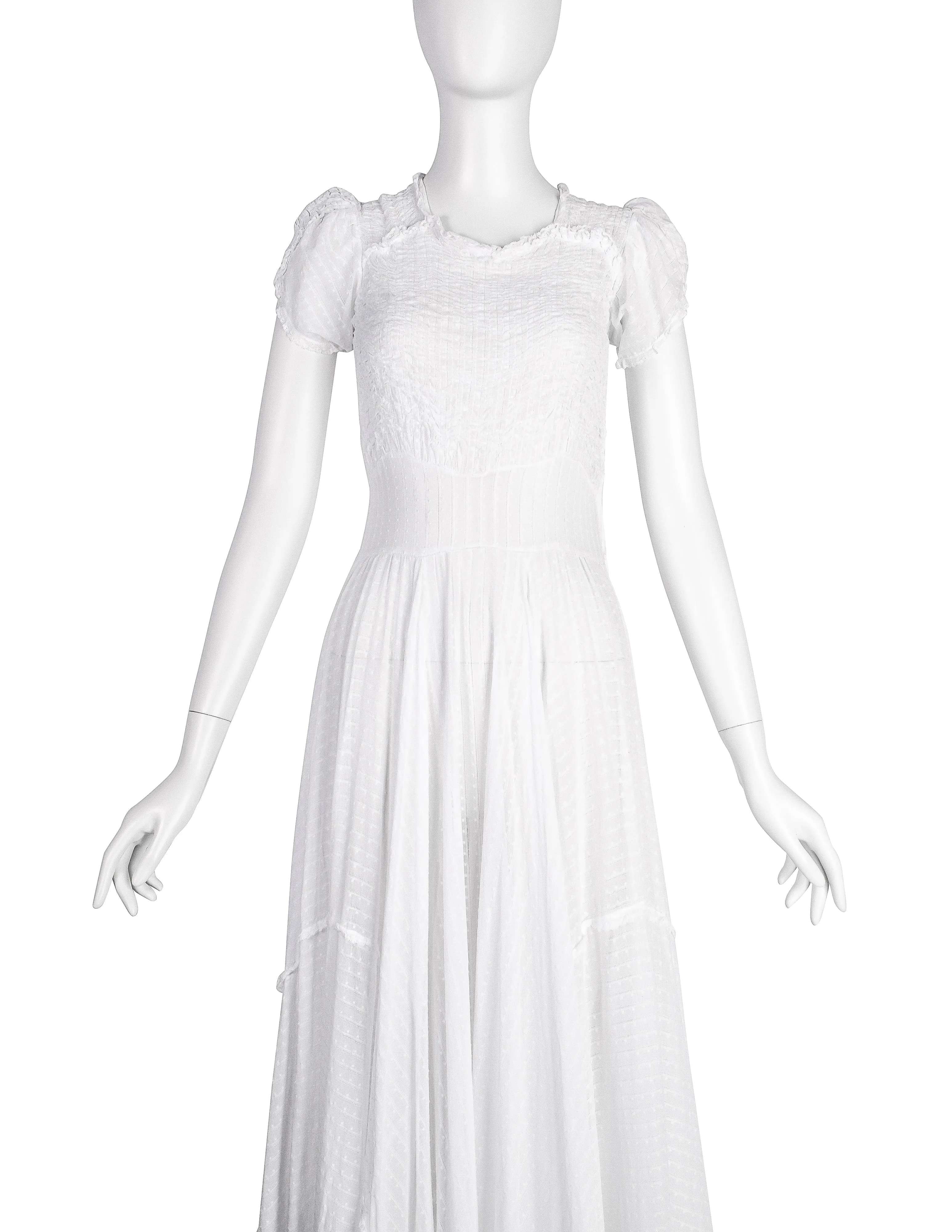 Vintage 1930s Embroidered Dot Smocked Lace White Cotton Voile Full Skirt Gown