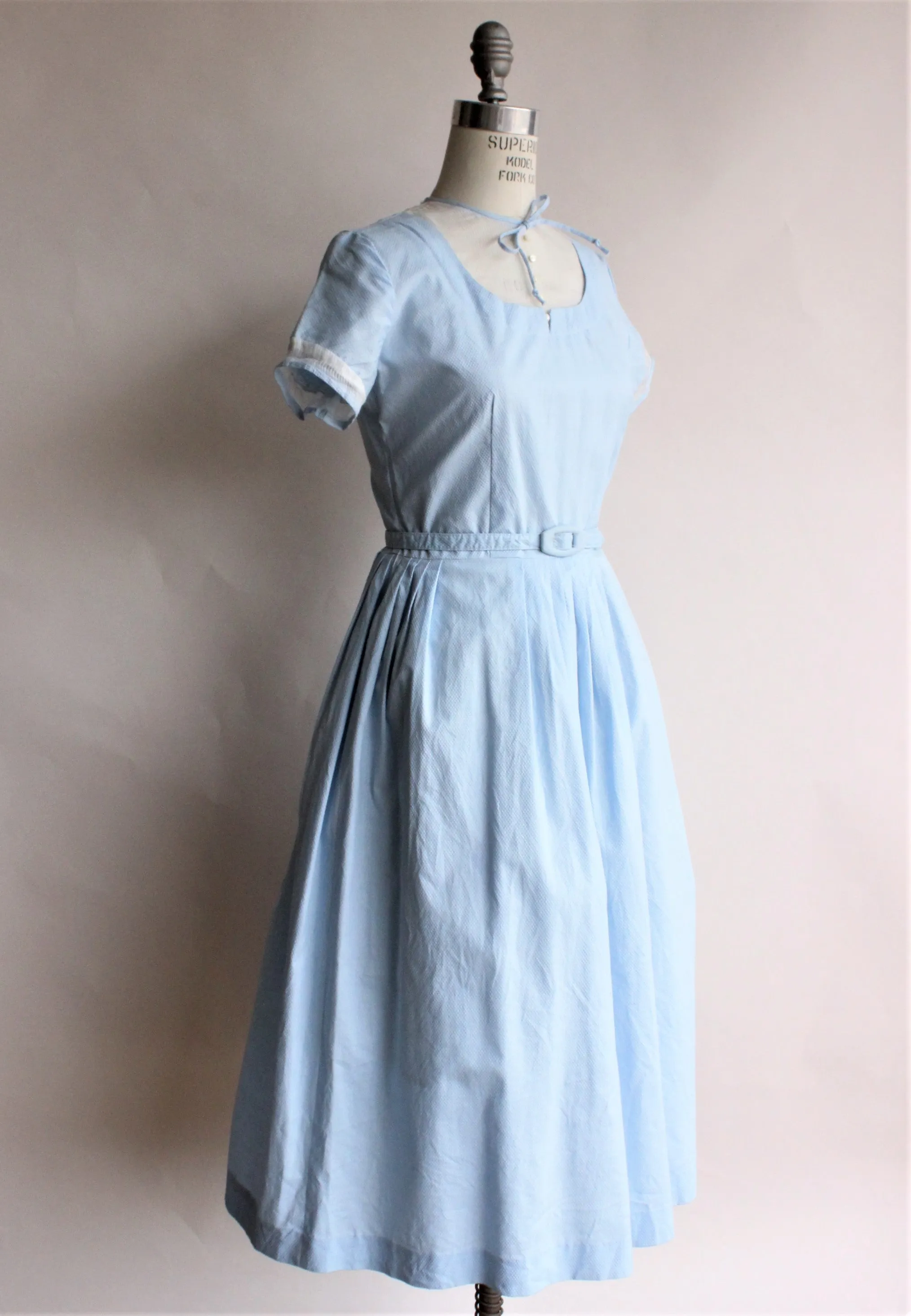 Vintage 1950s Blue Cotton Dress with White Panel