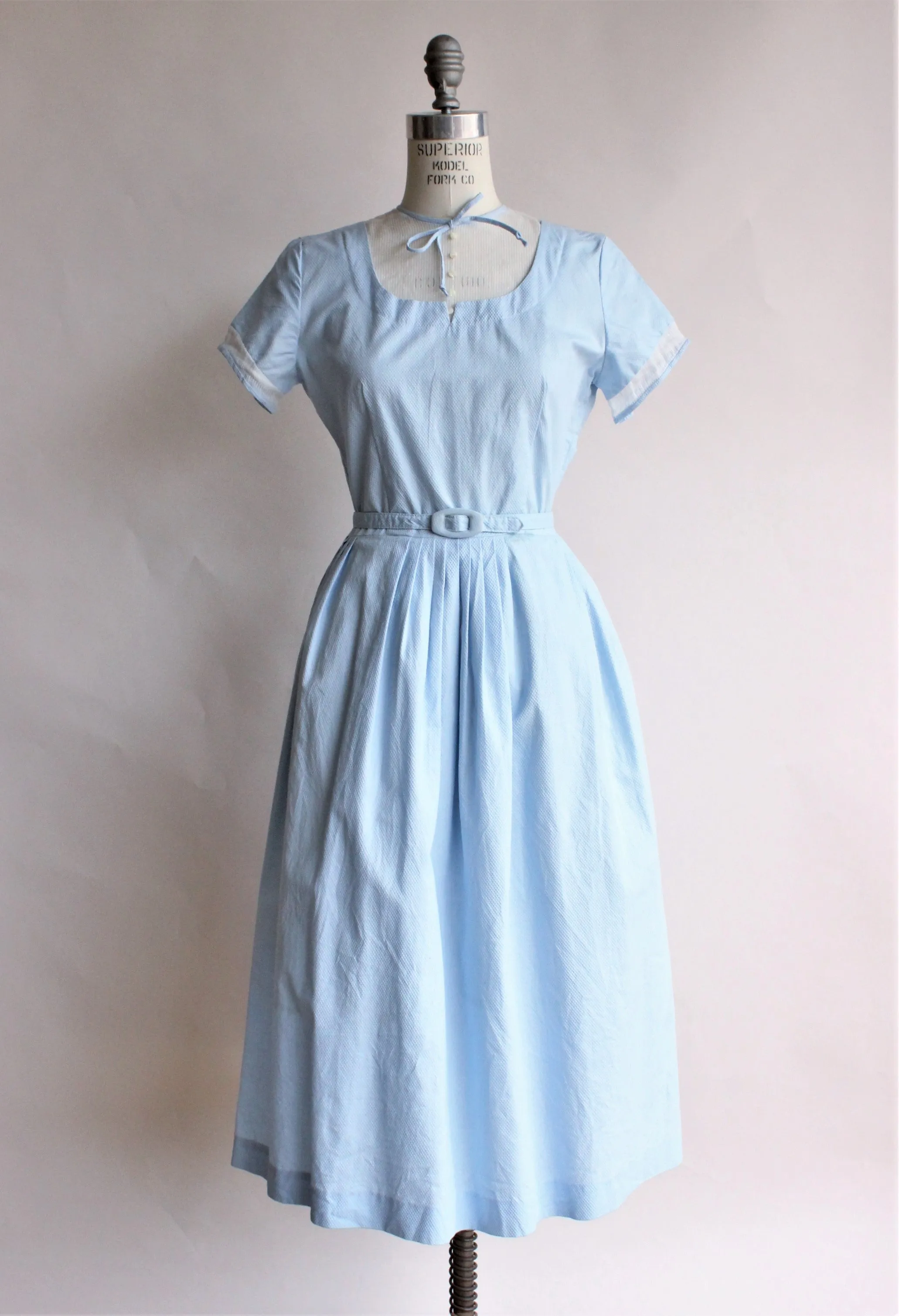 Vintage 1950s Blue Cotton Dress with White Panel