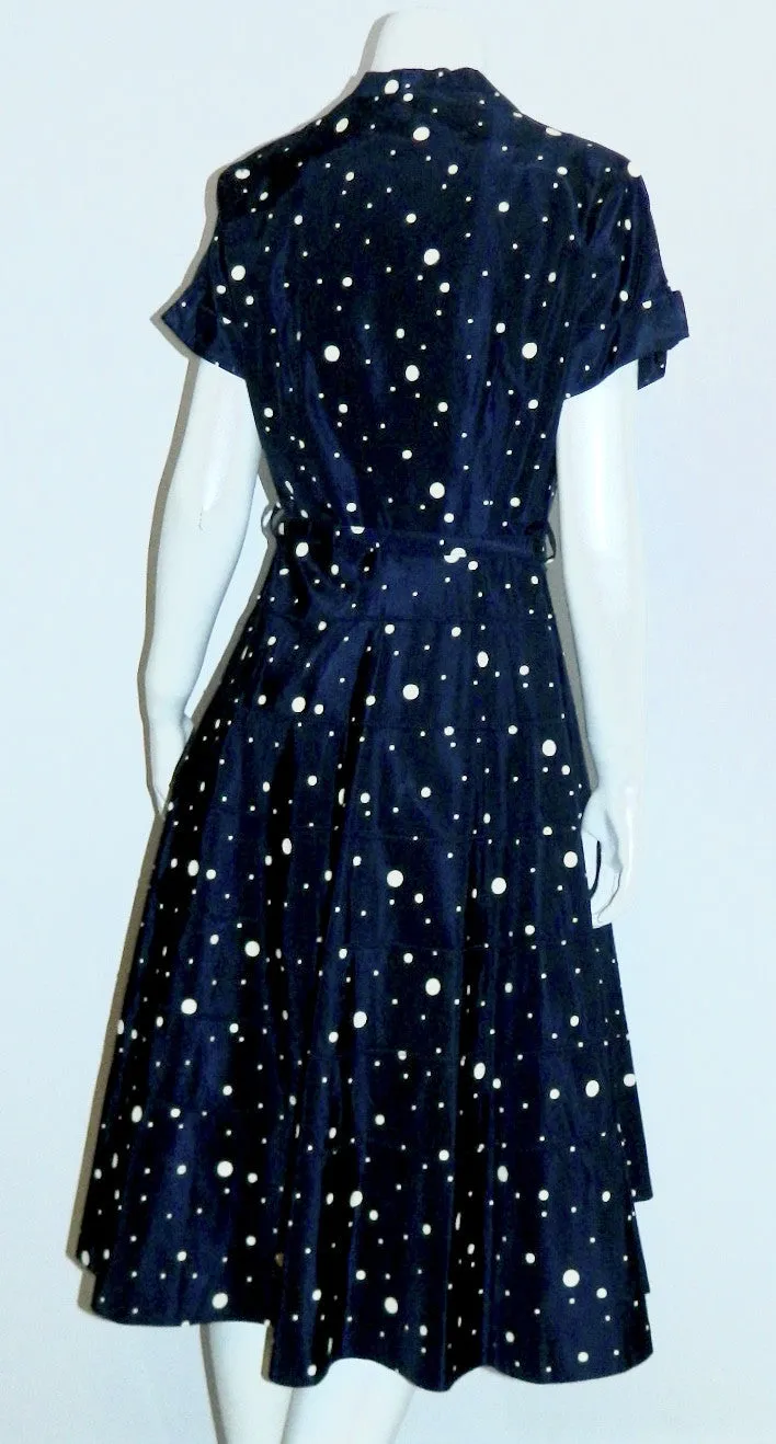 vintage 1950s blue polka dot dress / circle skirt / rhinestone buttons / New Look party frock