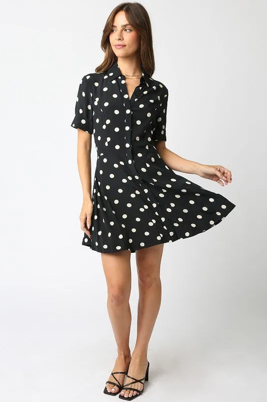 Waitlist 2/5 ♥ Felicia Short Sleeve Button Down Polka Dot Mini Dress Black