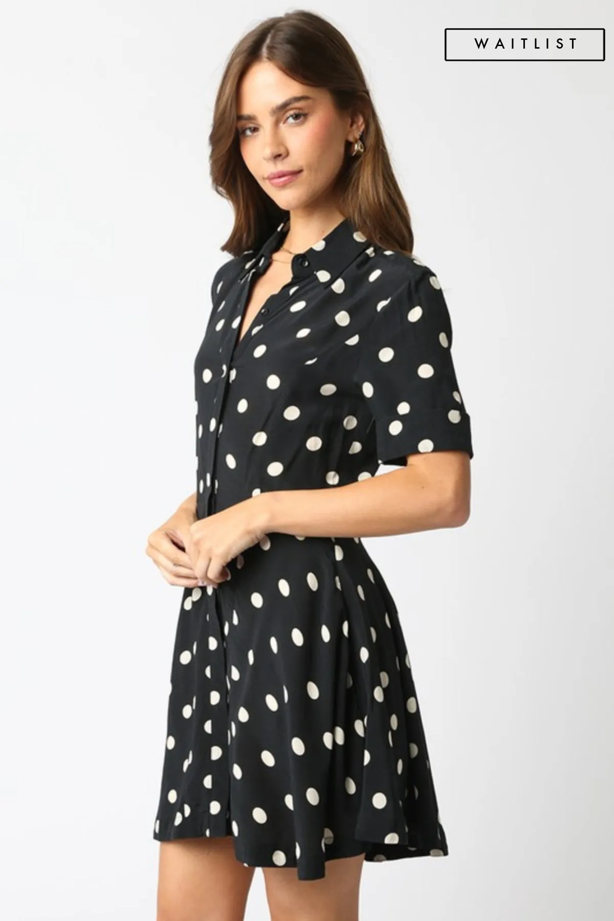 Waitlist 2/5 ♥ Felicia Short Sleeve Button Down Polka Dot Mini Dress Black