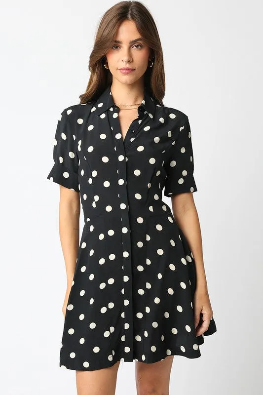 Waitlist 2/5 ♥ Felicia Short Sleeve Button Down Polka Dot Mini Dress Black