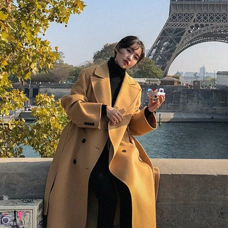 Wenkouban 2024 fall fashion trends Woolen Coat for Women Winter Thickened Hepburn Style Super Long Overknee Ankle Loose Retro Popular Woolen Coat