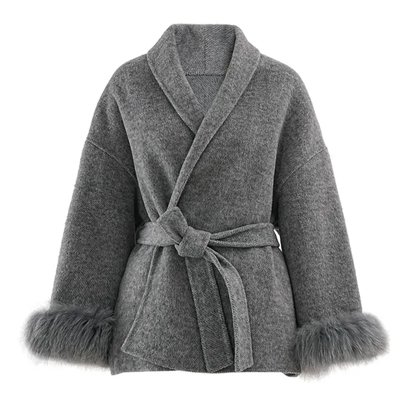 Wenkouban-Winter outfits Christmas Black Friday Shawl Collar Faux Fur Sleeve Wrap Coat