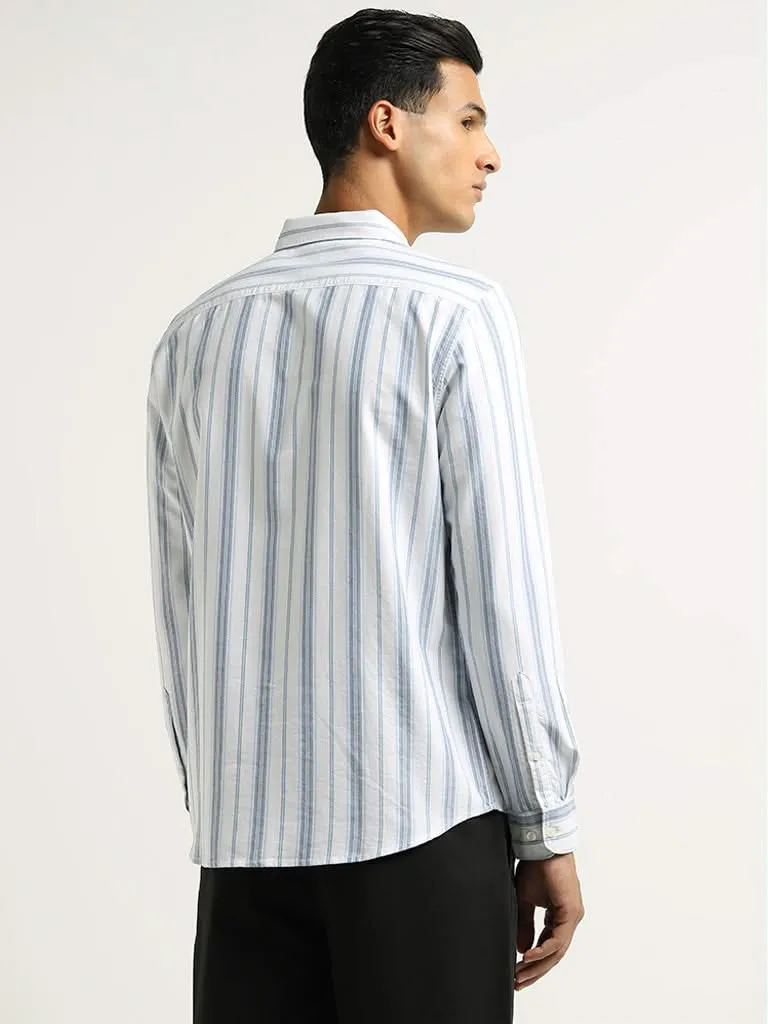 WES Casuals Light Blue Striped Cotton Slim Fit Shirt