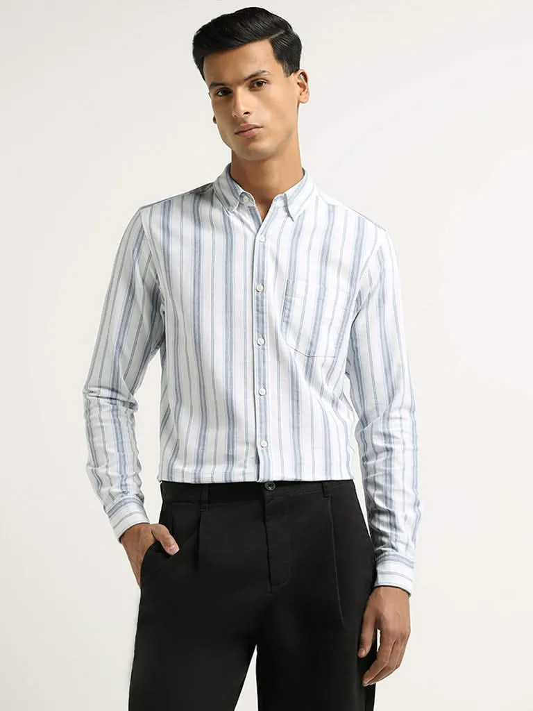 WES Casuals Light Blue Striped Cotton Slim Fit Shirt