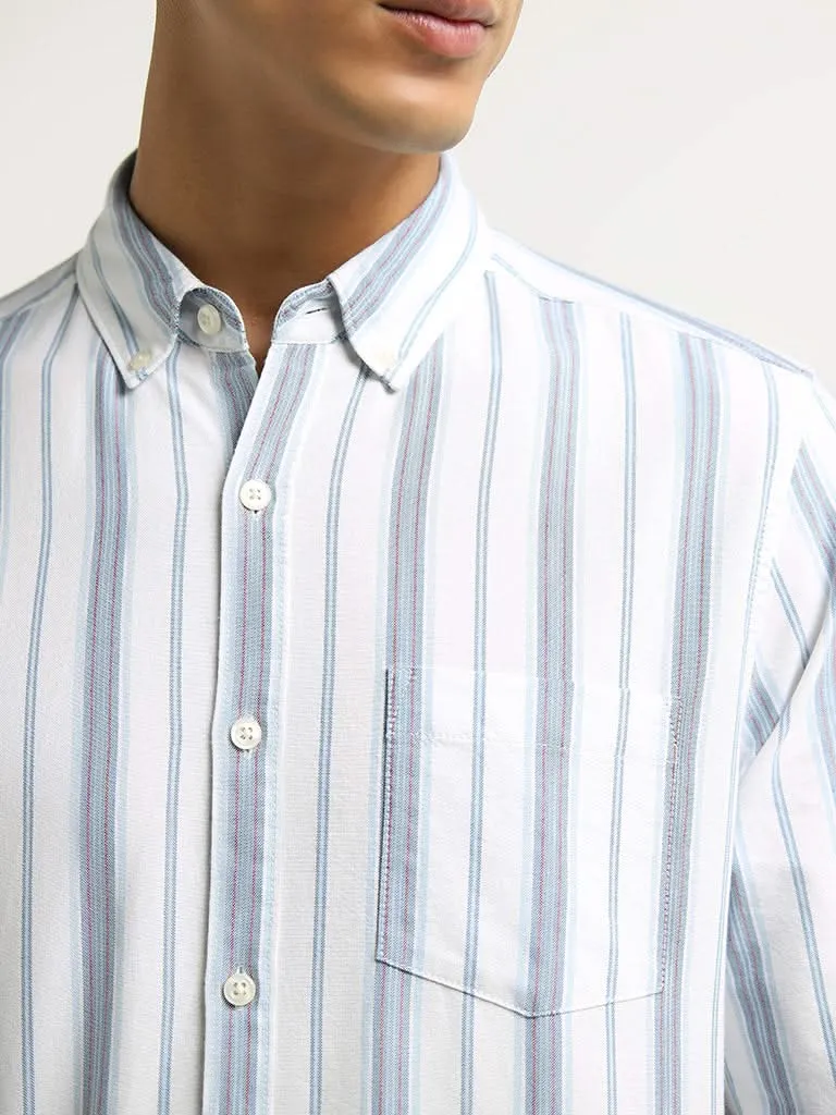 WES Casuals Light Blue Striped Cotton Slim Fit Shirt