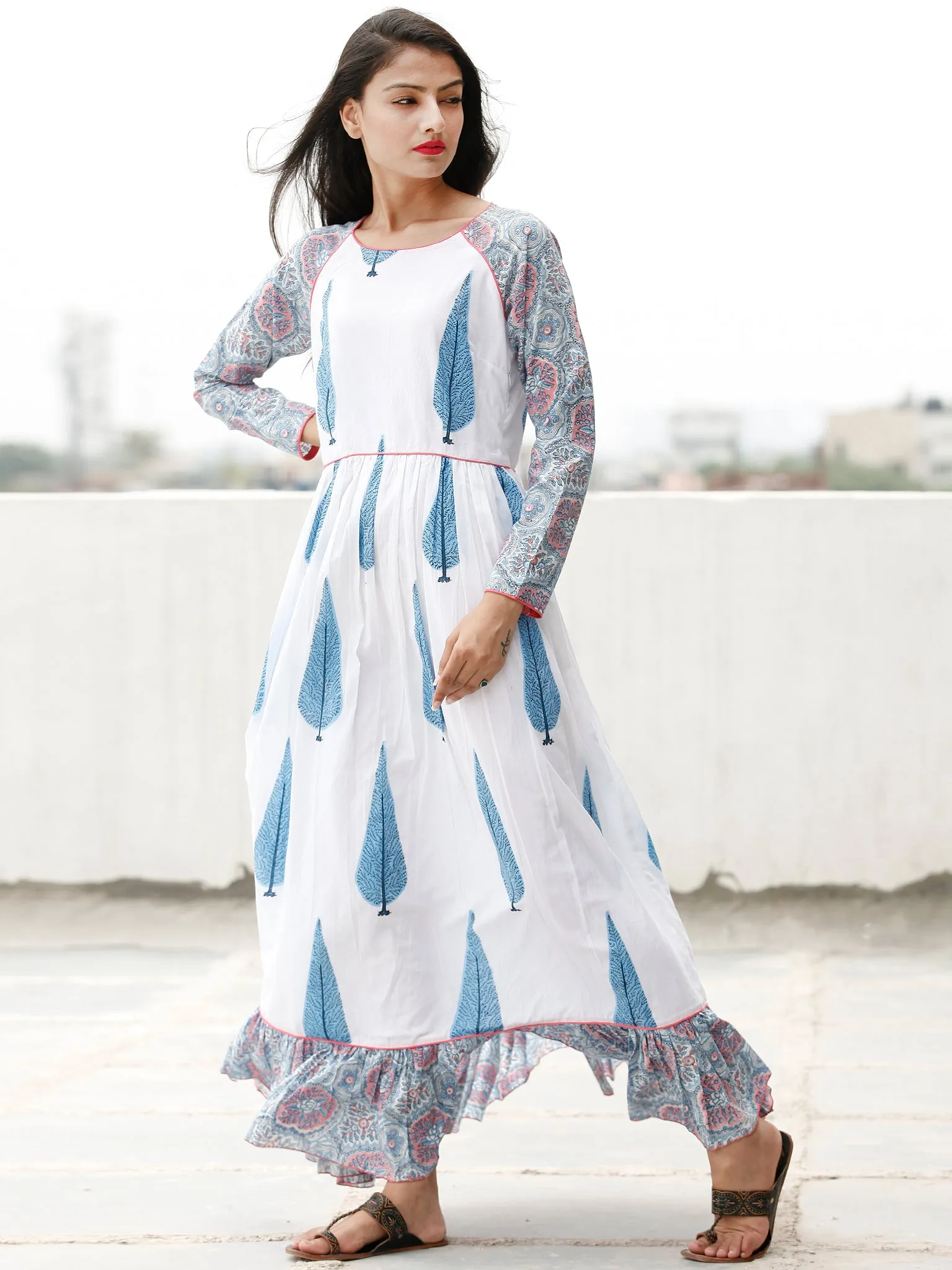 White Blue Pink Long Hand Block Printed Cotton Dress With Frills - D06F1500