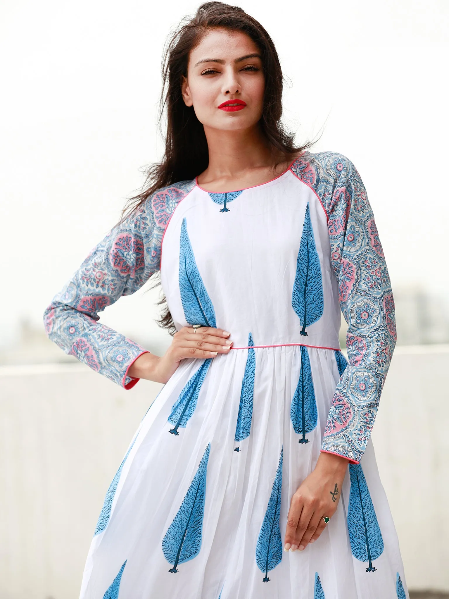 White Blue Pink Long Hand Block Printed Cotton Dress With Frills - D06F1500