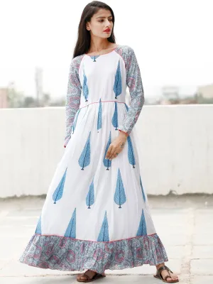 White Blue Pink Long Hand Block Printed Cotton Dress With Frills - D06F1500