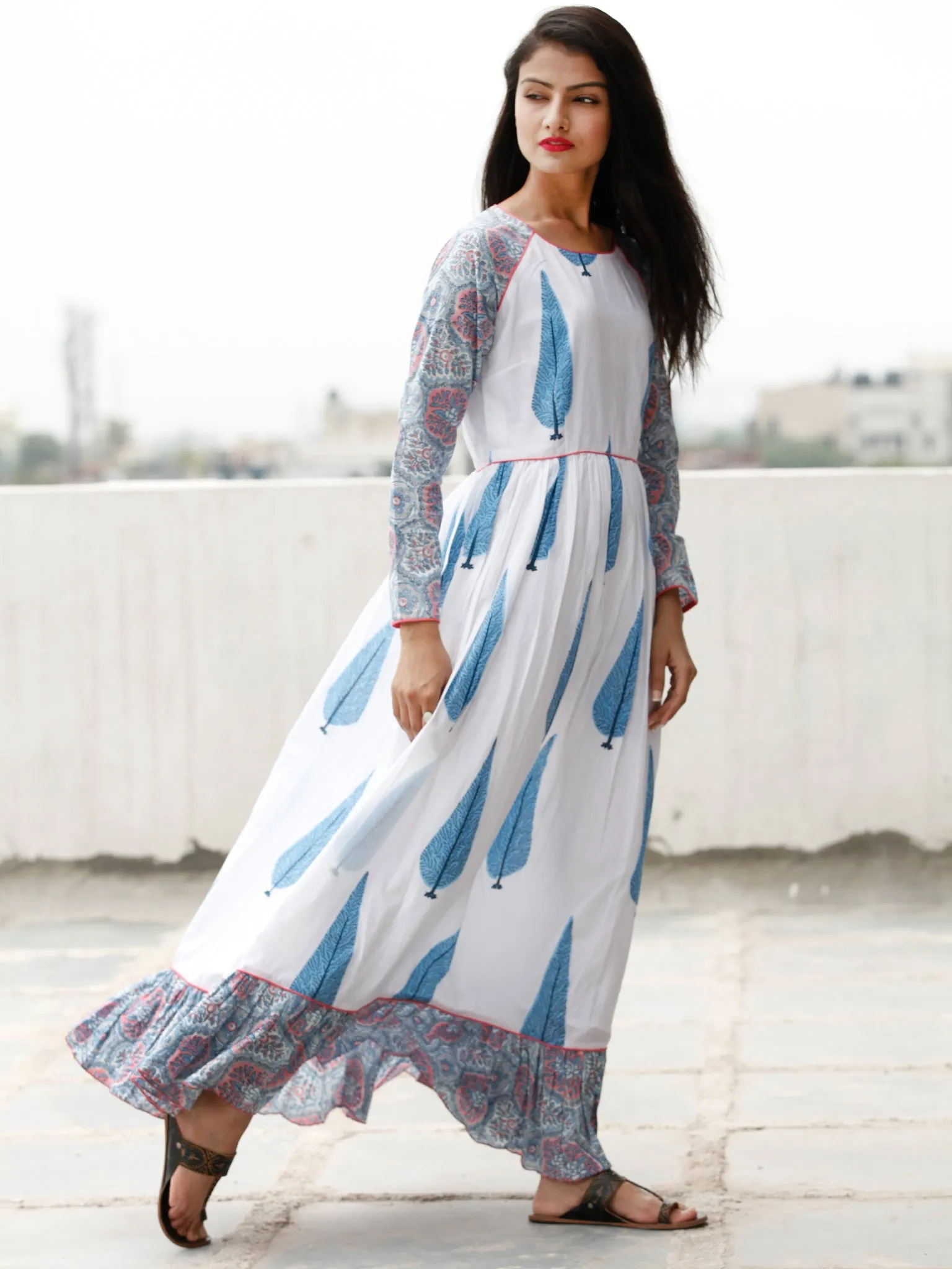 White Blue Pink Long Hand Block Printed Cotton Dress With Frills - D06F1500