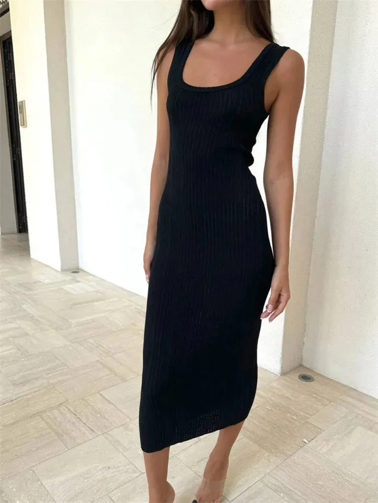 White Knitted Women Summer Fashion Square Collar Sleeveless Bodycon Party Casual Midi Dress