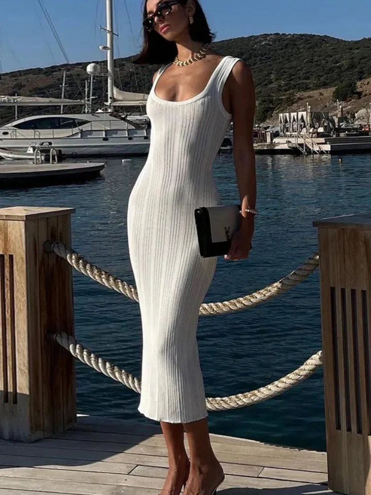 White Knitted Women Summer Fashion Square Collar Sleeveless Bodycon Party Casual Midi Dress