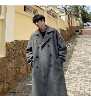 Wiaofellas  -  men coat luxury Winter Korean Trench Mens Solid Double Breasted Woolen Cloth Coat Loose Casual Trenchcoat  long coat men