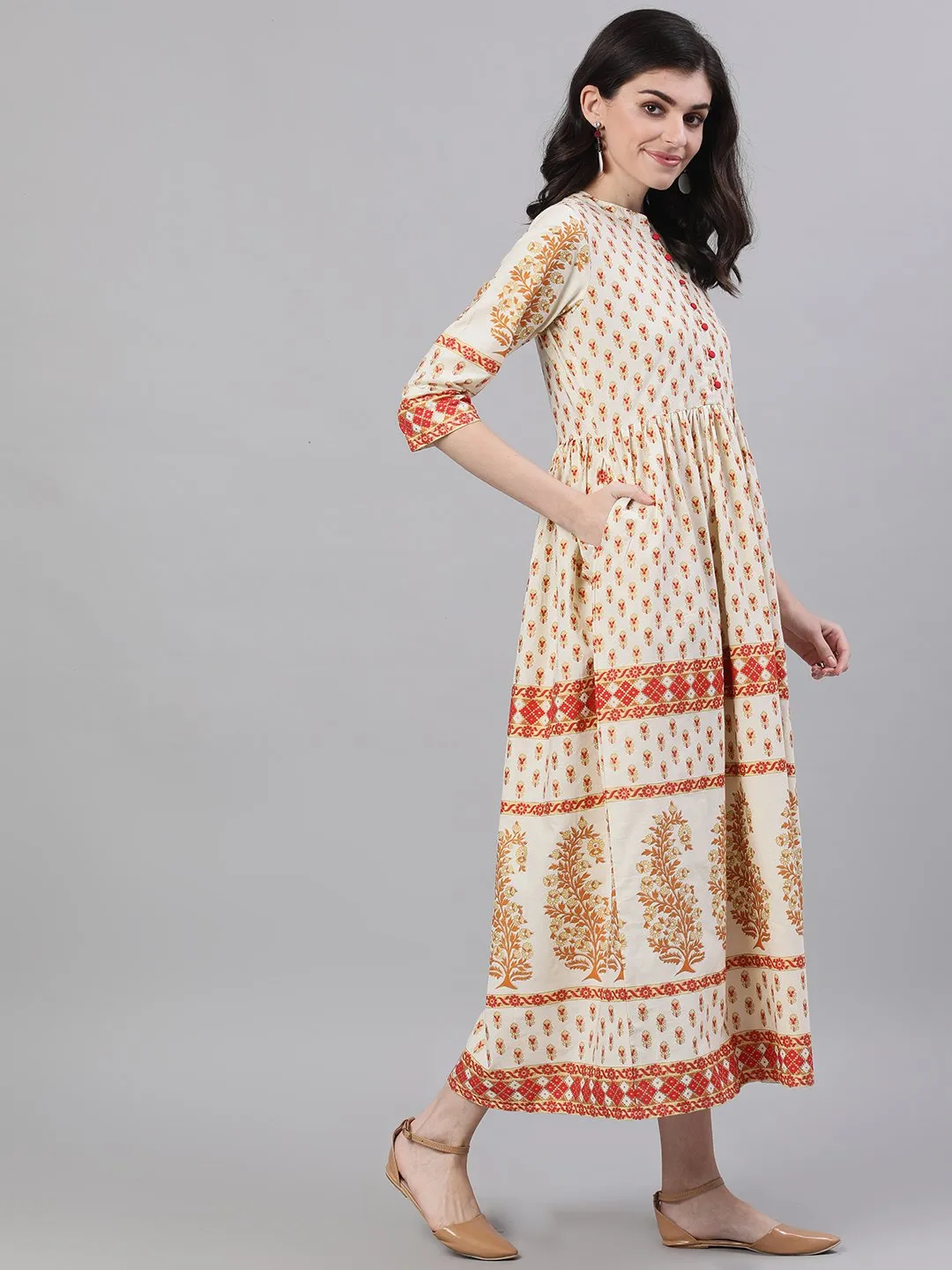 Women White Ethnic Motifs Printed Mandarin Collar Cotton Maxi Dress