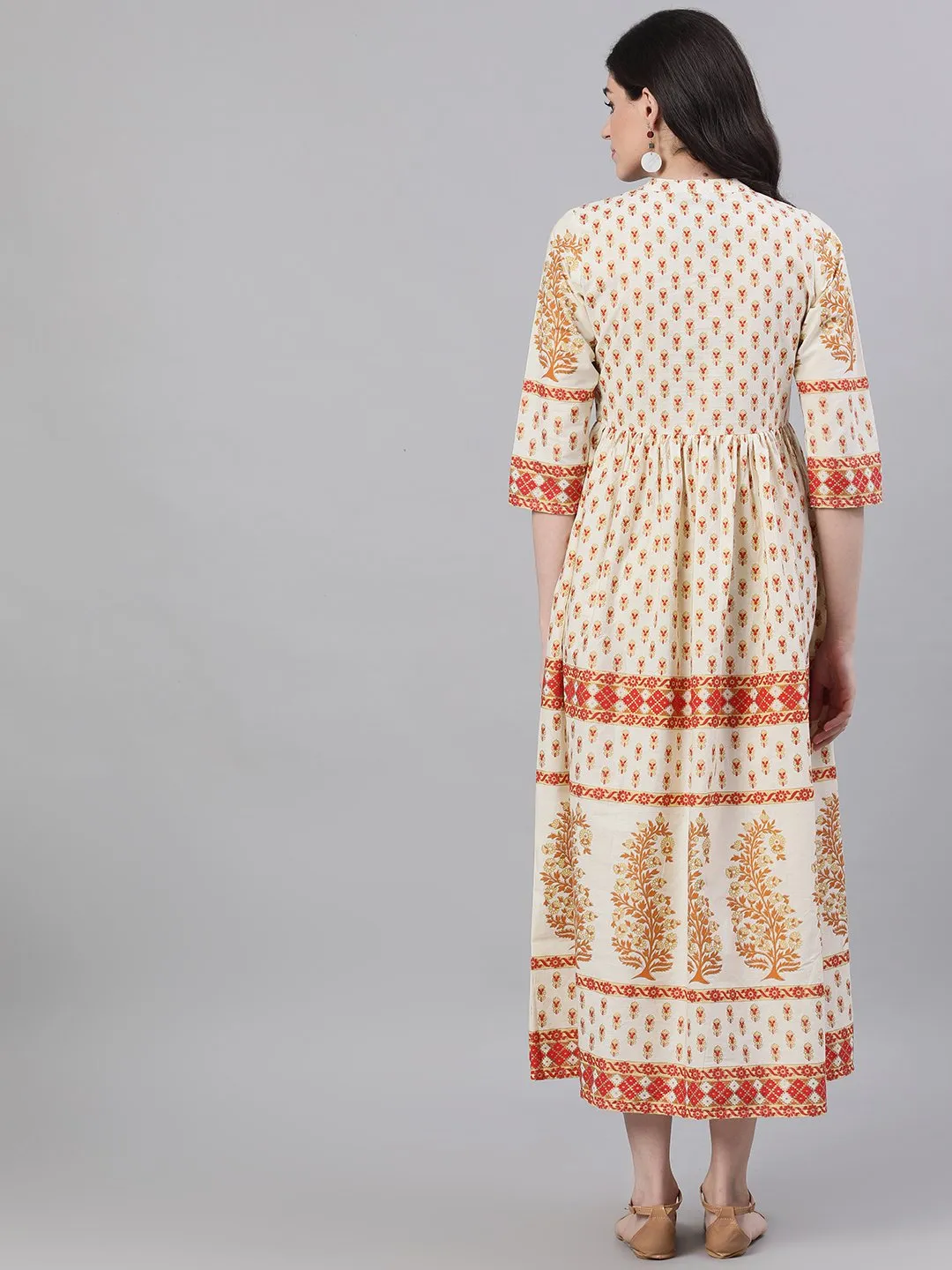 Women White Ethnic Motifs Printed Mandarin Collar Cotton Maxi Dress